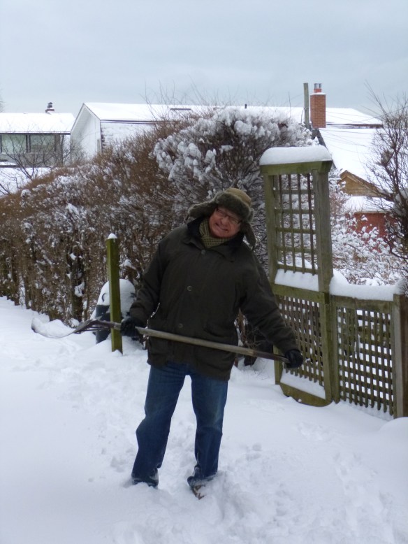 .....sporting his new winter hat, busily shovelling the snow.