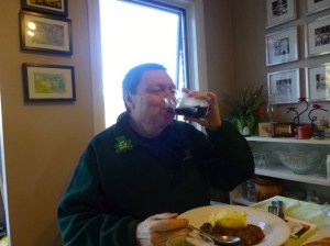 Kevin enjoying a Guinness with his Irish stew.
