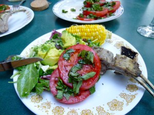 Delicious lamb, fresh tomatoes, green salad with avocados and Ontario corn on the cob. Yum!