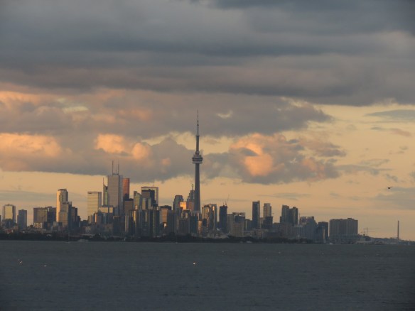 Visible across the lake from the west end of the city.