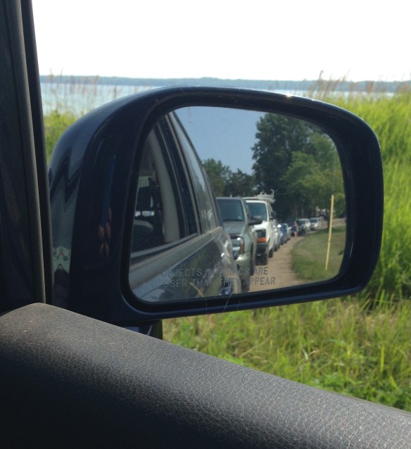 Waiting in line to get on the ferry to go back to the city.