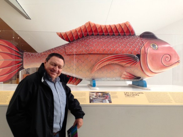 This coffin was designed for a fisherman. My husband said that his coffin would be a guitar case.